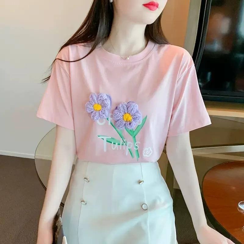 Three-dimensional Flower Right Shoulder Pure Cotton Short-sleeved T-shirt for Women Summer New Fashion Slimming Age-reducing Western Style Top