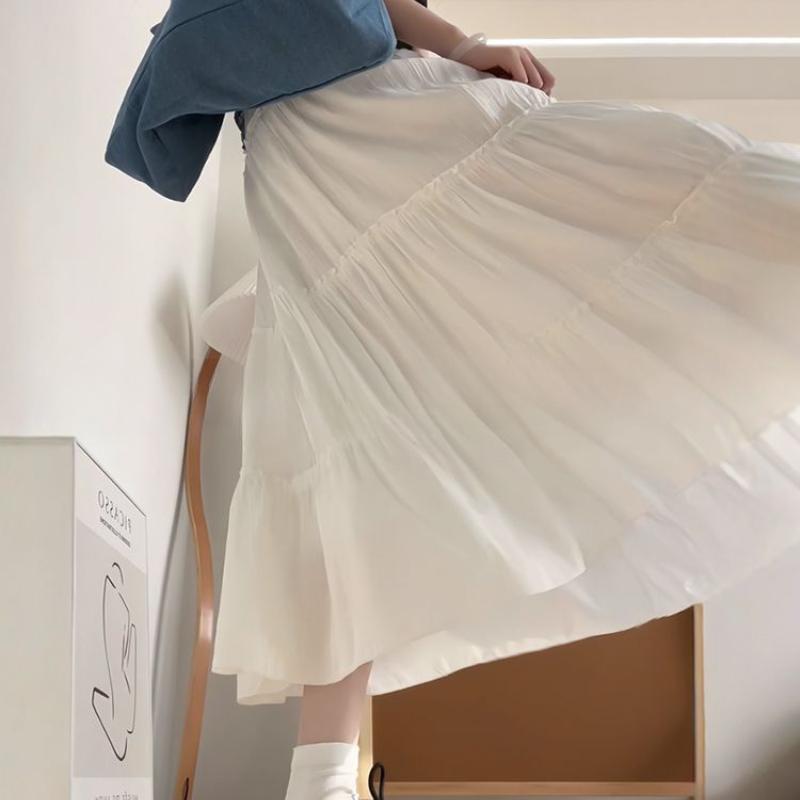 Women's White High-Waist A-Line Midi Skirt - Summer Slim-Fit Puffy Tiered Cake Skirt