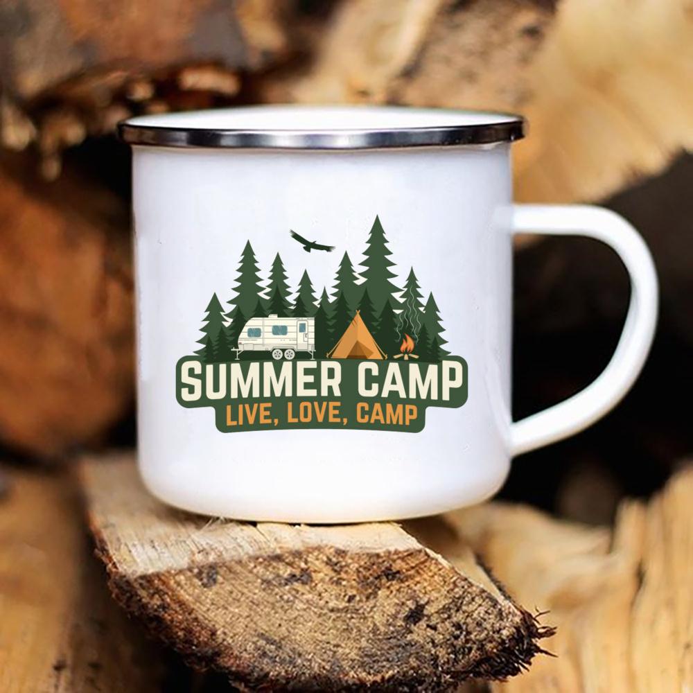 Caravan Printed Camper Mugs Camping Enamel Mug Adventure Campfire Party Beer Juice Cup Mountain Handle Cups Gifts for Camper