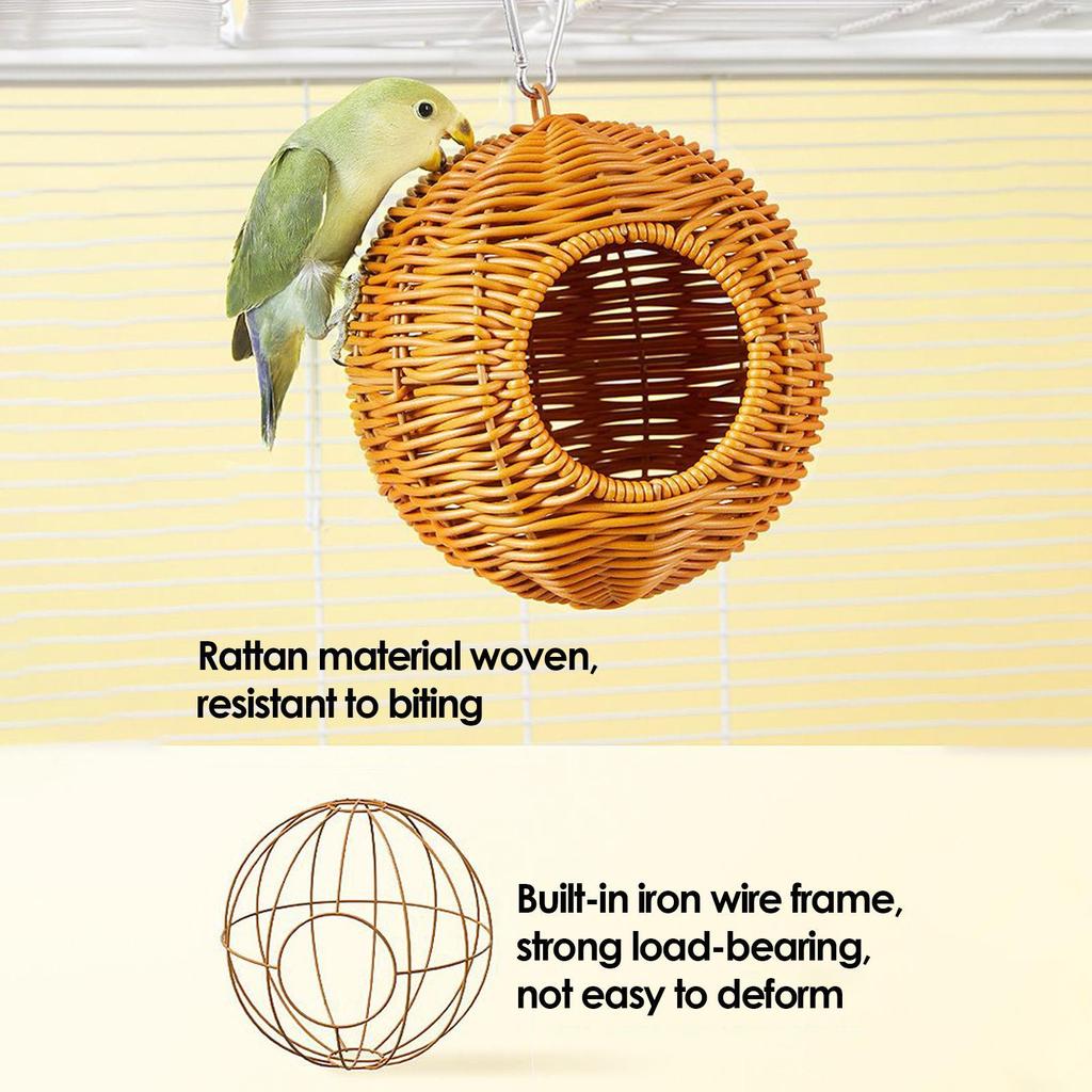 Bird House for Cage Imitation Rattan Parrot Nest Pet Hut Breathable Woven Shelter for Finch Conure Cockatiel Parakeet Small