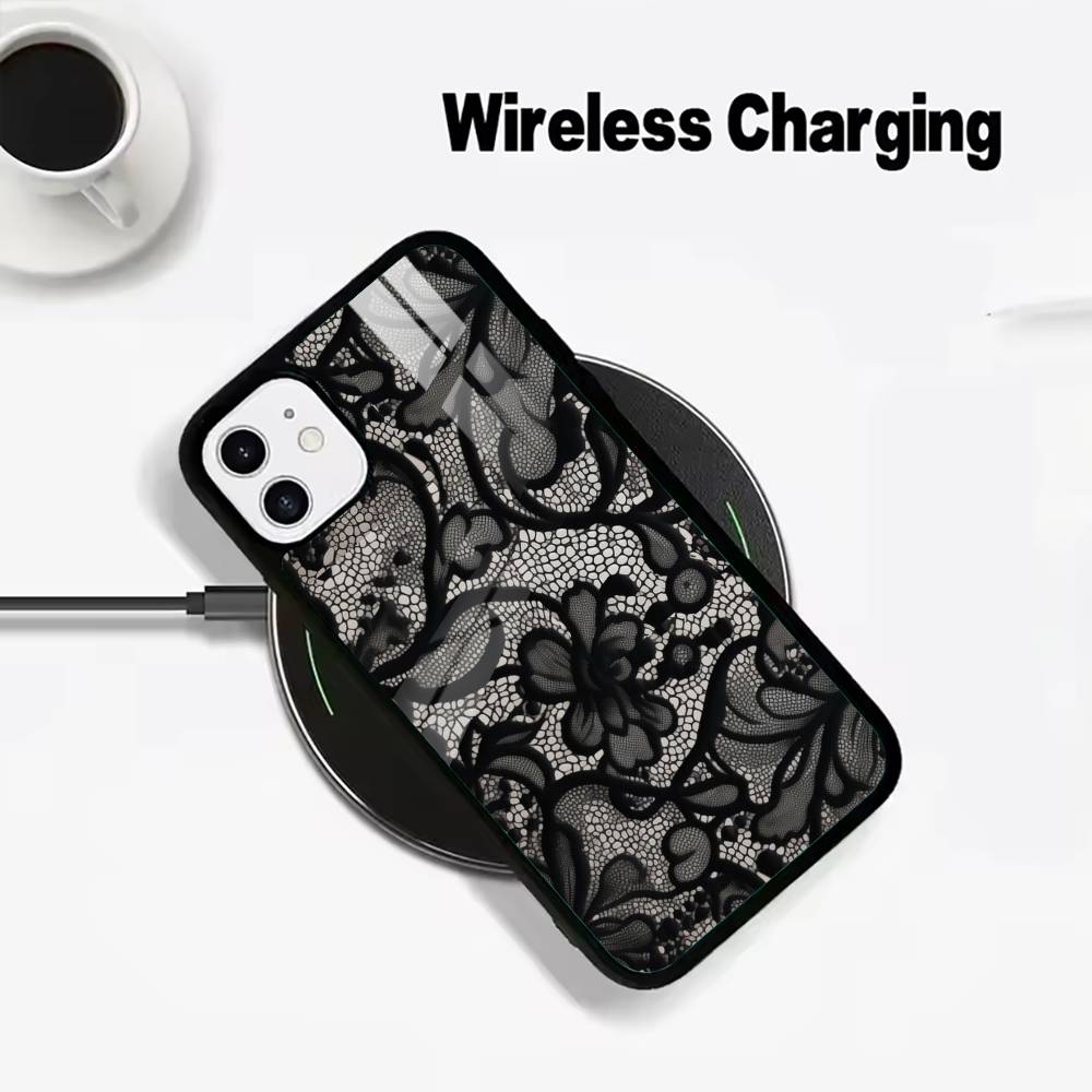 L-Lace Print Pattern Phone Case For IPhone17 16 15 14 13 12 11  Pro Max 16/15/14Plus Wireless Charger Cover Funda