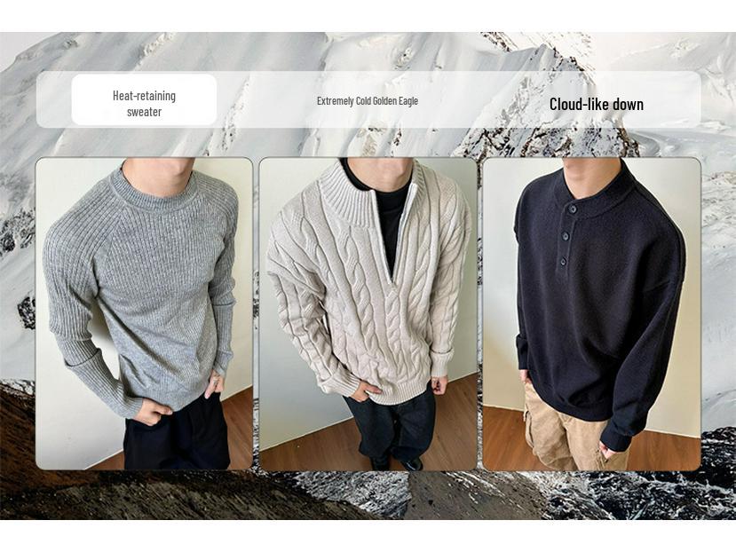 MADEEXTREME 380g Textured Vintage Preserved Flower Button Knit Long Sleeve Polo with Turn-Down Collar