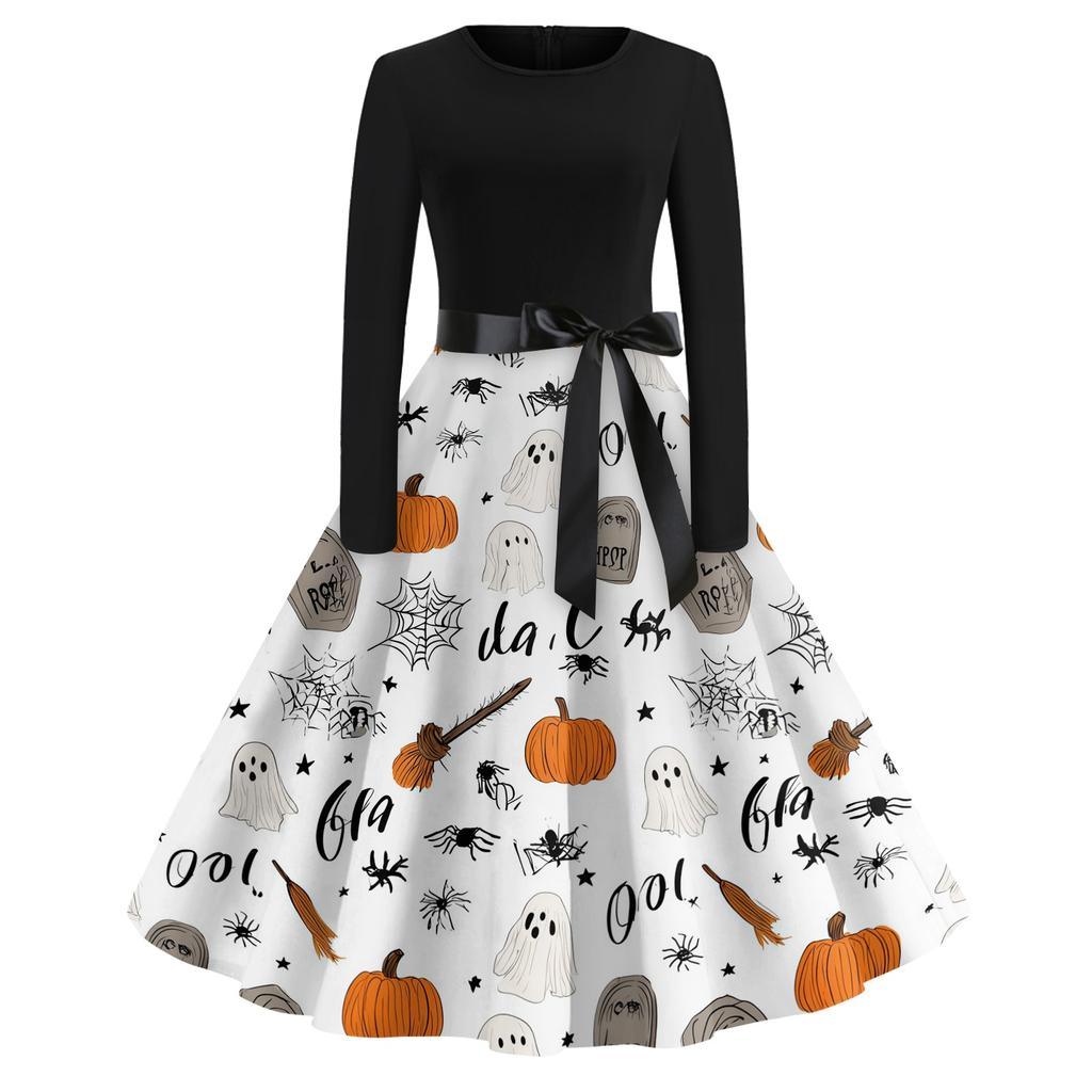Women's Casual Vintage Halloween Dress Long Sleeve Round Neck A-Line Midi Dress with Bow Waistband and Pumpkin Print Skirt