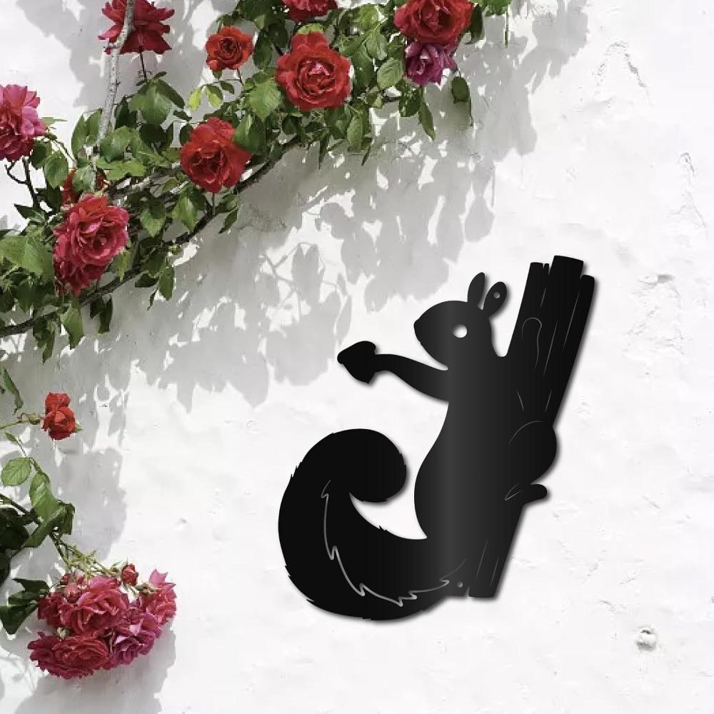 Metal Squirrel Wall Decor Animal Sculpture on Tree Branch Black Art for Home Office Living Room Bedroom Indoor Outdoor Decoration 11.8x10Inch