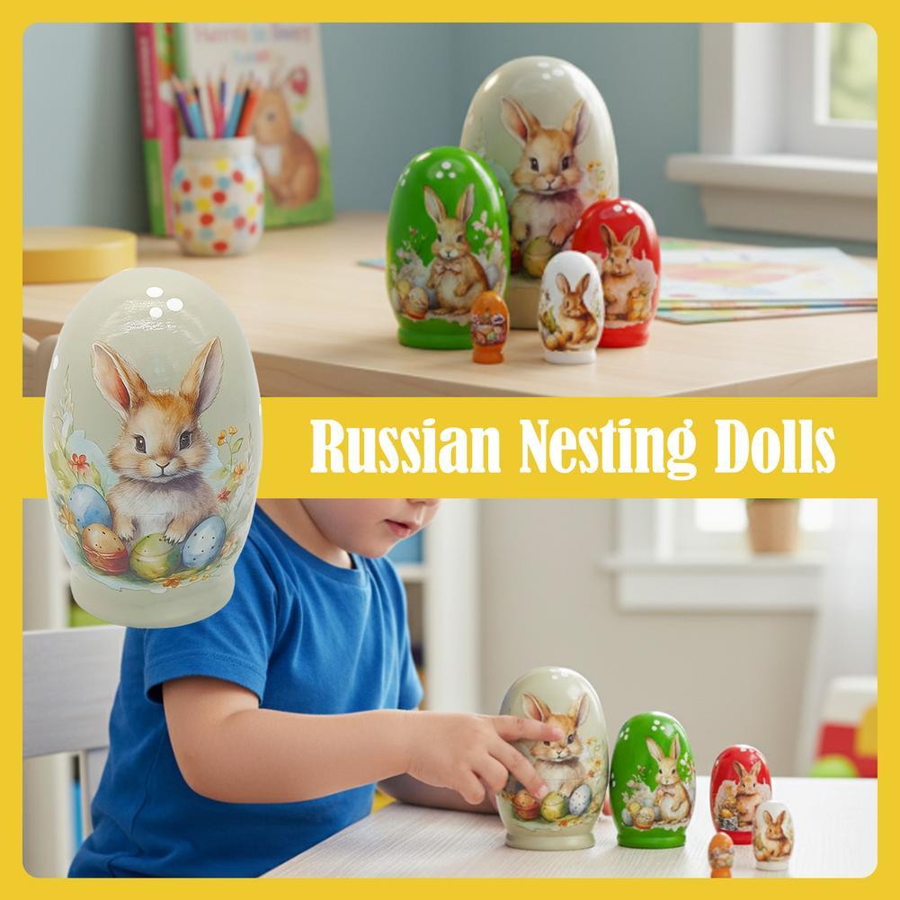 Wooden Nesting Dolls, 5-Piece Hand-Painted Russian Style Spring Rabbit Figurine for Dining Table Holiday Home N5J7
