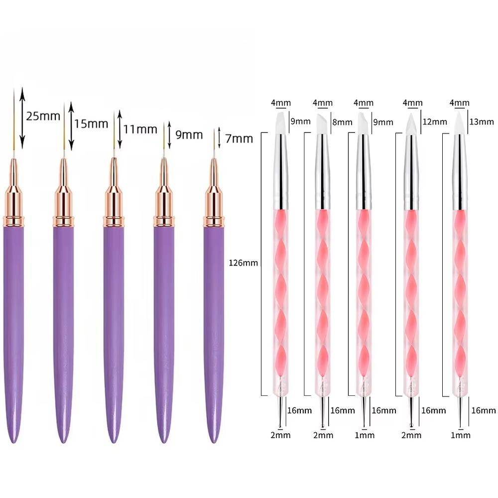 10Pcs Nail Liner Brush Set UV Gel Nail Brushes Kits Silicone Point Flower Nail Pen French Stripe Line Painting Drawing Tools