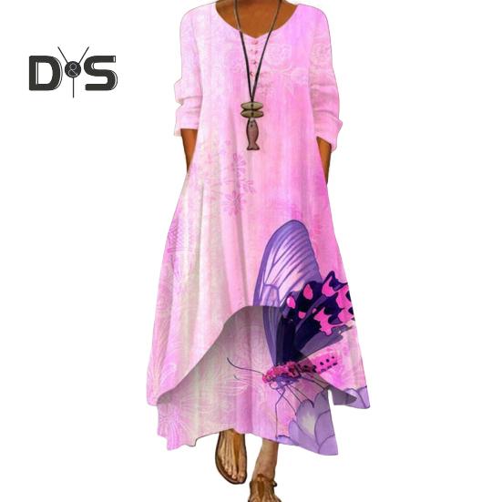 

Платье весна-осень с карманами, винтажным цветочным принтом, V-образным вырезом, неровным многослойным подолом, свободное платье макси А-силуэта для повседневной работы и вечеринки S розовый