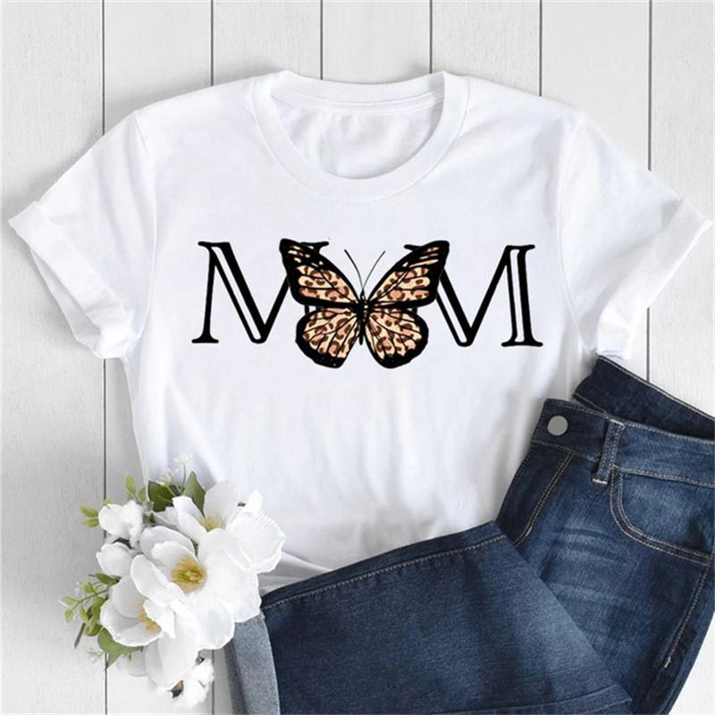 Nové dámské tričko Módní MÁMA Motýl Květinový potisk Tričko Ležérní topy s krátkým rukávem Tričko Dámská trička 90. léta Dámské tričko