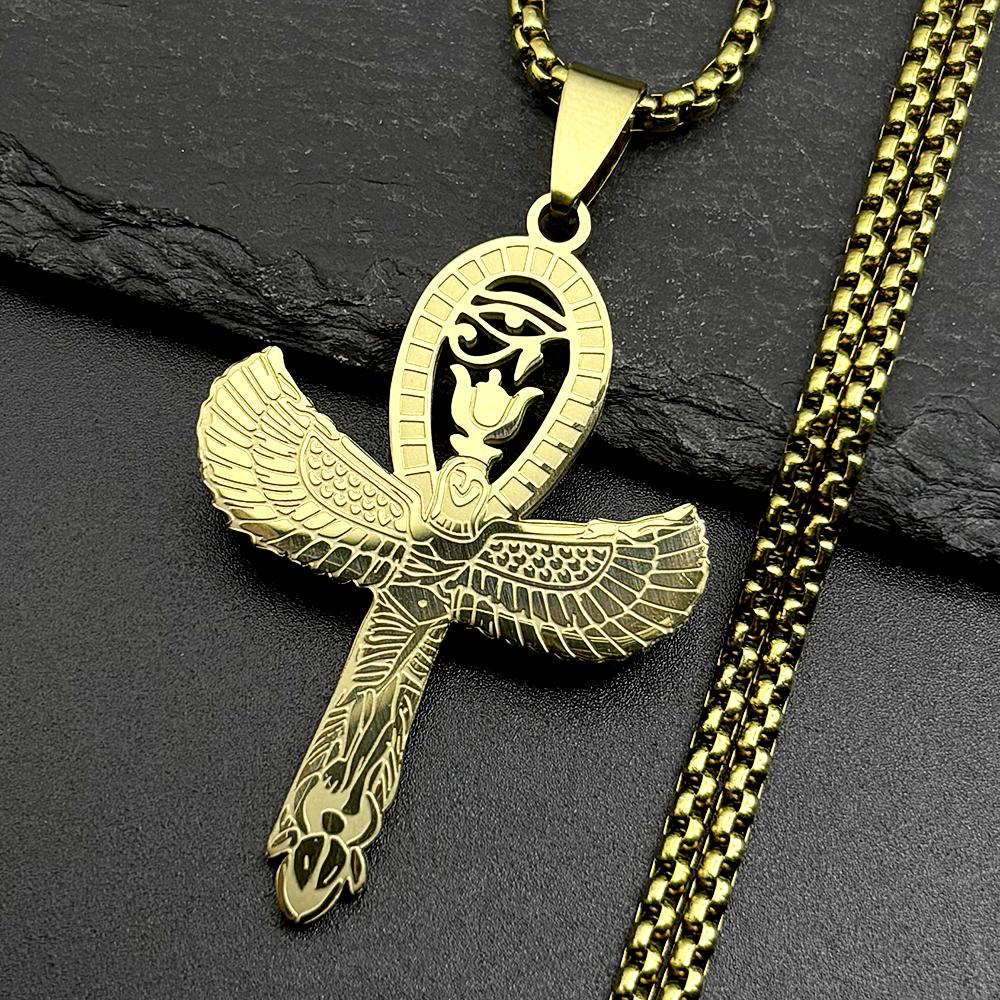 Ägyptisches Auge des Ra Horus Symbol Ankh Kreuz Anhänger Halskette für Frauen Männer Edelstahl Goldfarbe Flügel Skarabäus Kette Schmuck