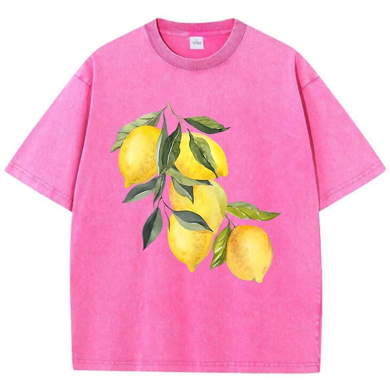 Creative Lemon Pattern Printing Washed TShirt Women Cottont Shirts ONeck Oversized Acid Wash Tops Summer Casual Woman Clothes