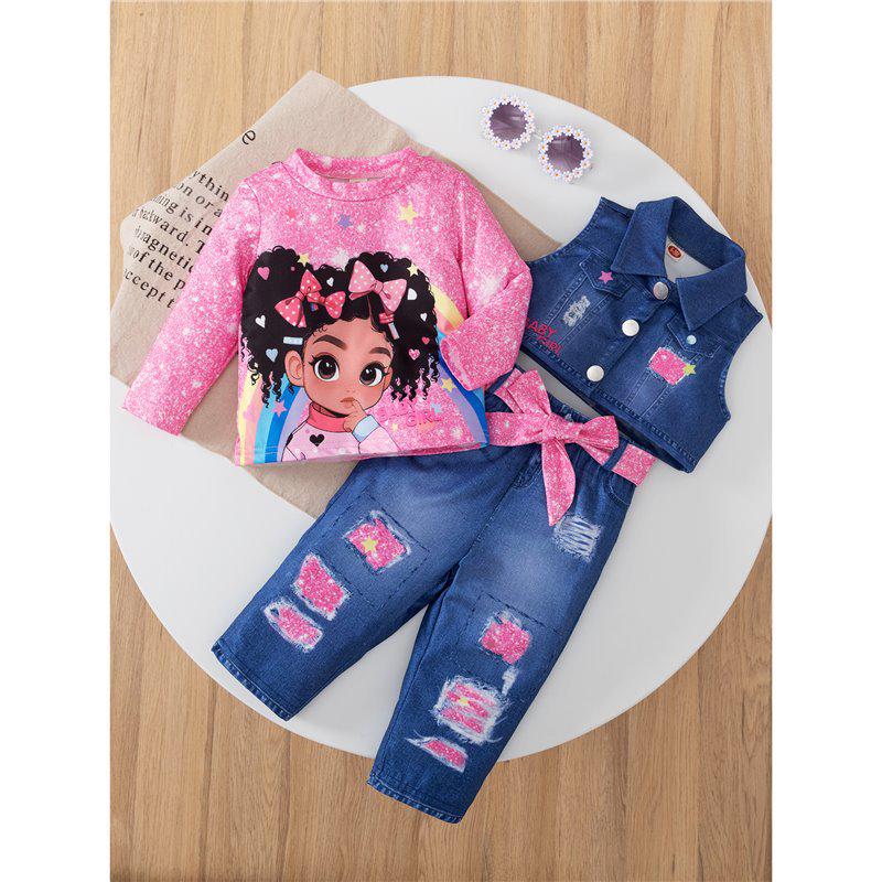 

Комплект из 3 предметов для детей с принтом из денима 2024 года: Жилет, топ с длинными рукавами и брюки 18-24 Months розовый