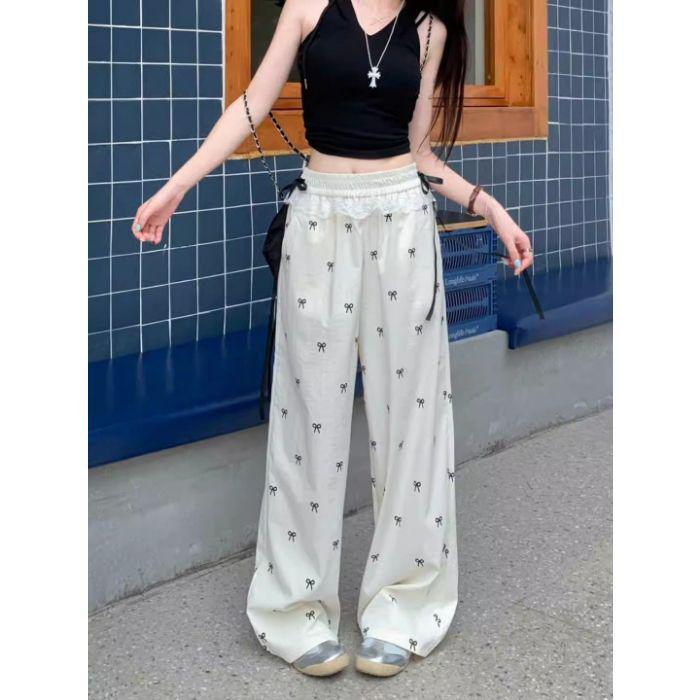 Women s Summer 2026 Sweet & Spicy Lace Trim Bow Knot Wide-Leg Pants with Elastic Waist M