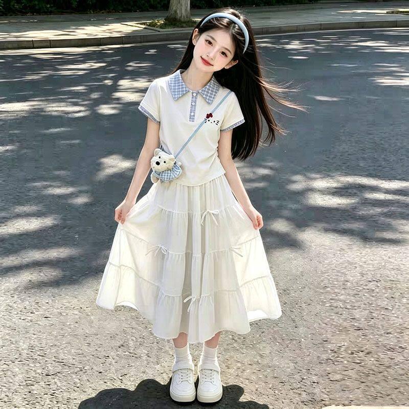 Korean Style Girls Summer Plaid Polo & Layered Skirt Set 160 cm