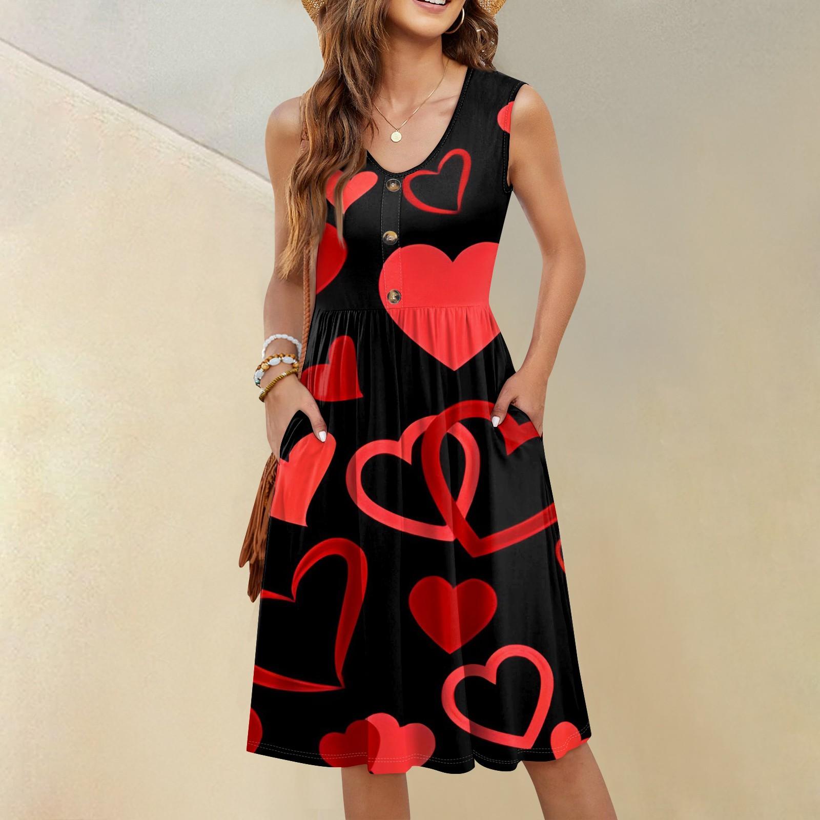 Women s Casual Fashion Sexy V-Neck Button Decoration Sleeveless Valentine s Day Tunic Dress M
