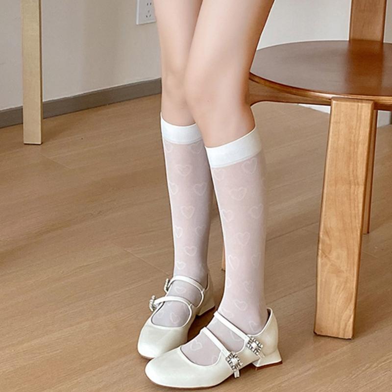 Women Japanese Style Summer Cute Heart Pattern Thin Silk Over Calf Long Socks