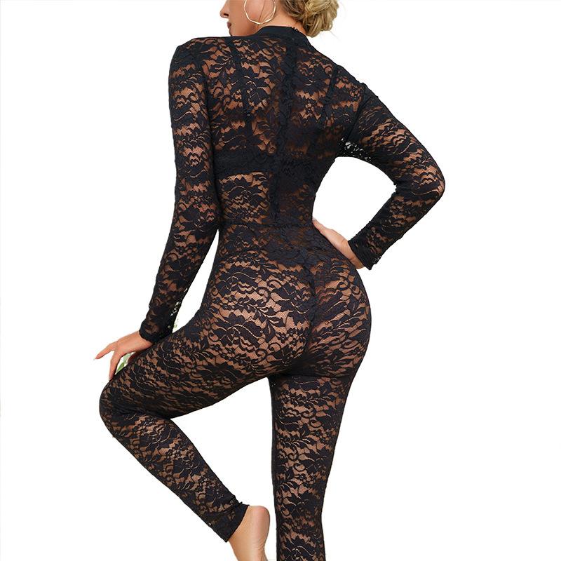 Autumn and Winter Spice Girl Perspective Slim-fit Lace Jacquard Jumpsuit Hollow Long-sleeved Seduction Jumpsuit