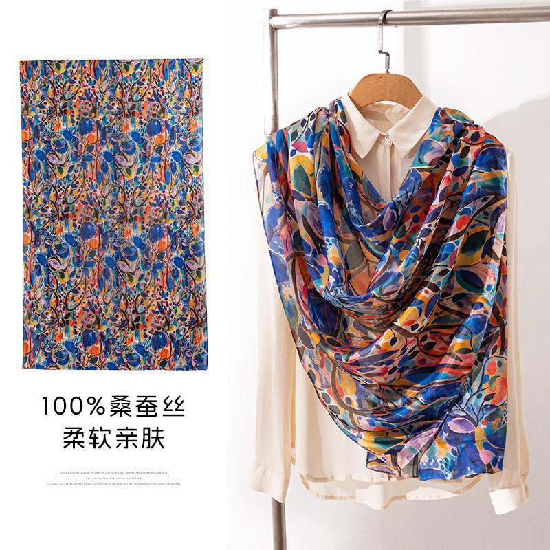 Silk Scarf Women Long Lightweight Floral Print Elegant Wrap Shawl UV Protection