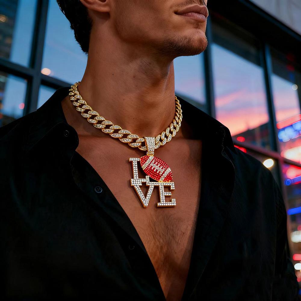 Fashionable Men's Colorful Diamond LOVE Rugby Alloy Pendant, European and American Hip-hop Men's Necklace, Personalized and Colorful