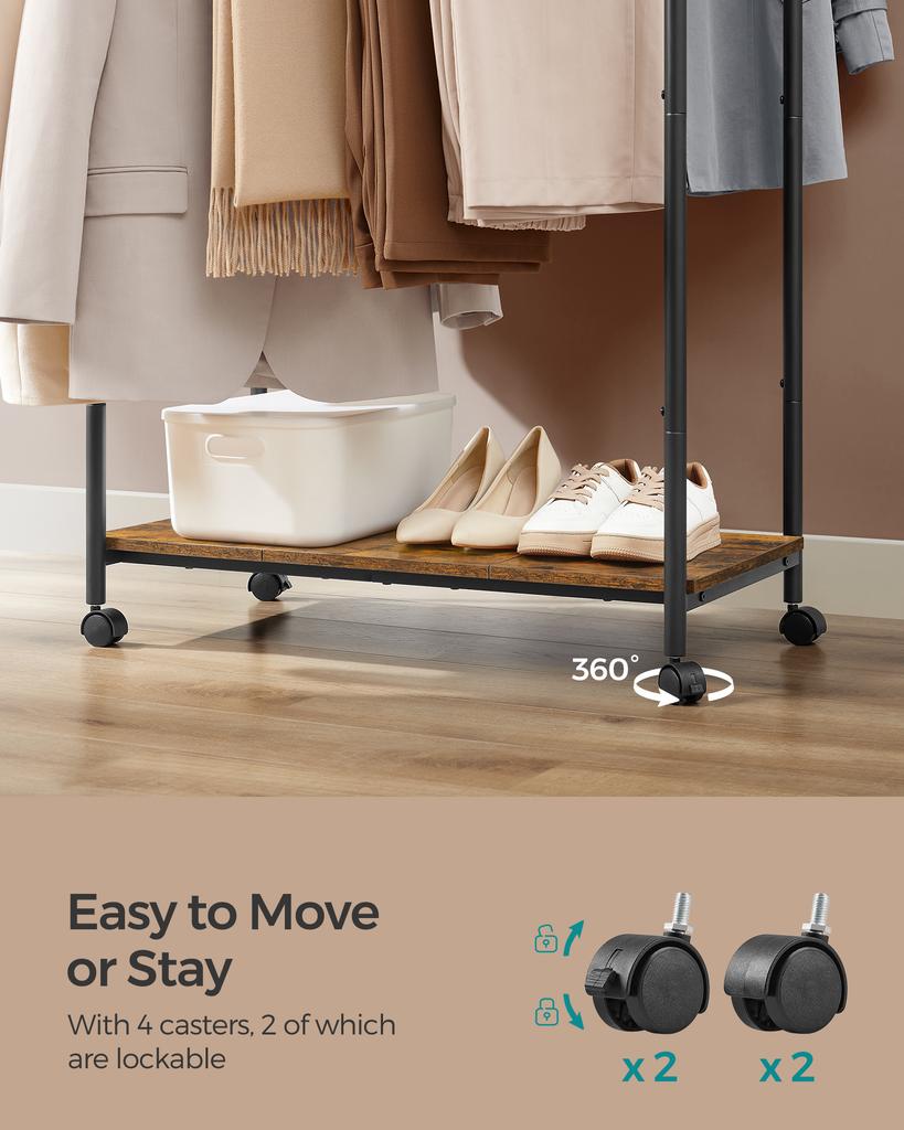 SONGMICS HOME Clothes Rack, Clothing Rack On Wheels, Portable Garment Rack, with 1 Clothes Hanging Rail, Matchstick-Shaped Hooks