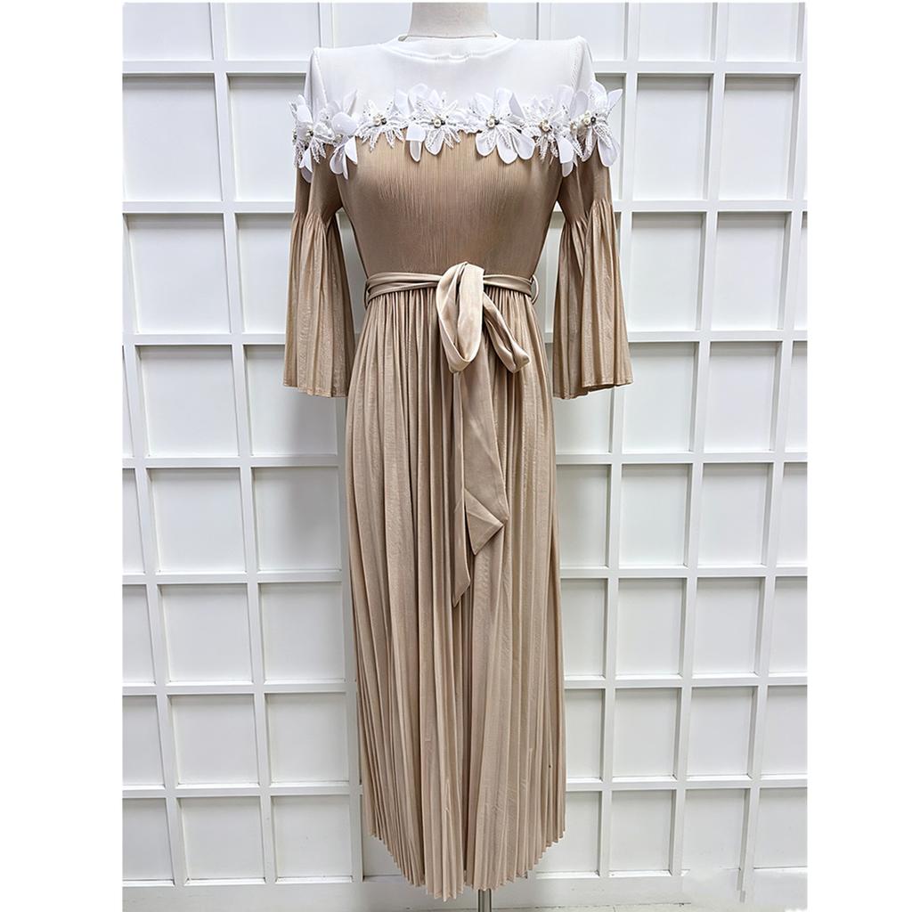 Miyake Pleated Lace-Panel Midi Dress Summer for Women 3/4 Sleeve Casual 3D Flower Appliques Print Vacation Midi Sundresss
