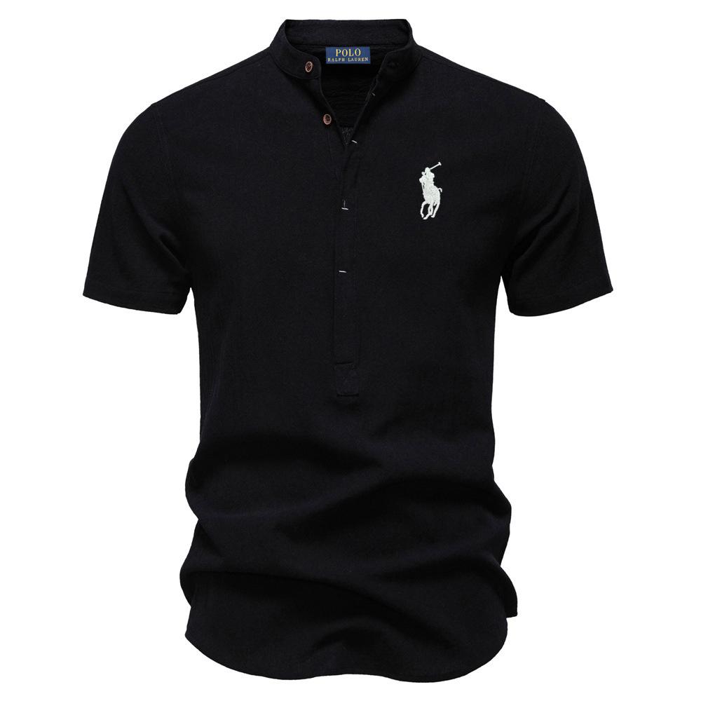 Polo Ralph Lauren Jaro/Léto Pony Vyšívaná Business Casual Košile Pánská Košile s Krátkým Rukávem Bavlněná Lněná Košile Stojáček Bavlněná Košile