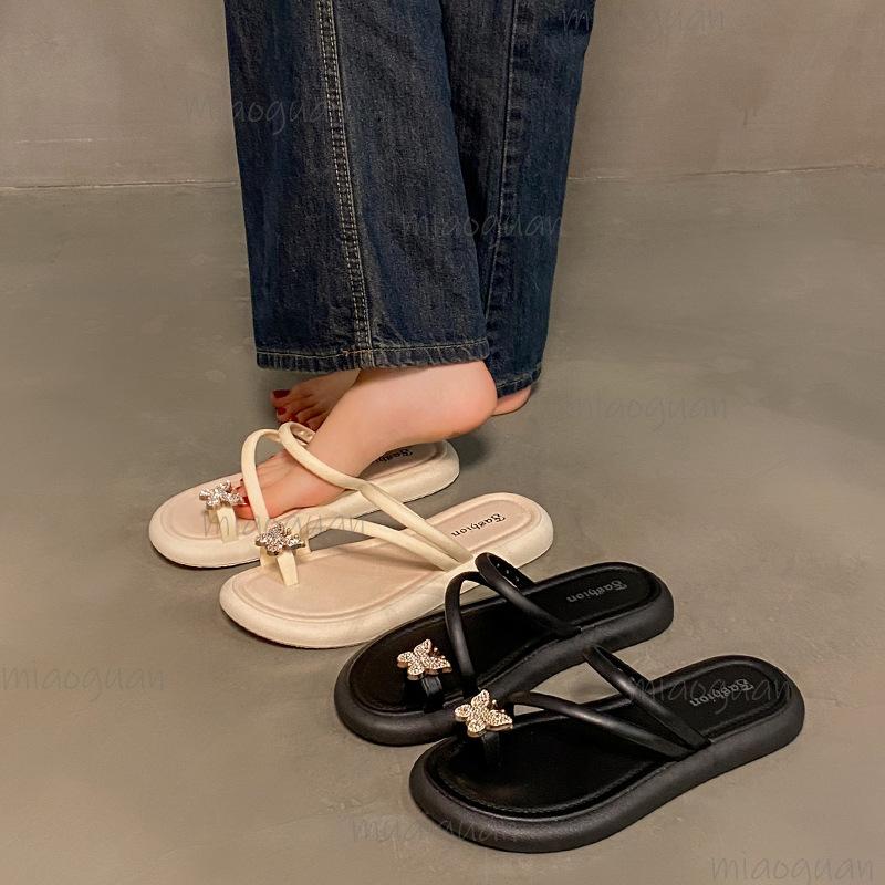 Fashion Shiny Crystal Butterfly Flat Slippers Women Plus Size Light Comfort Clip Toe Slippers Summer Thick Sole Platform Casual Slides