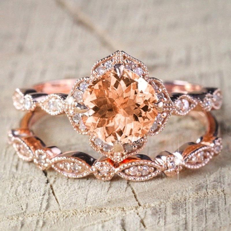 Huitan White/Champagne/Pink CZ Set Rings for Women Rose Gold Color 2Pcs Finger Rings Wedding Party Double Wear Fashion Jewelry