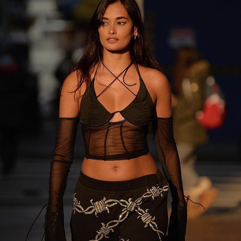 Harajuku léto mimo ramena dutá síťovaná trička pro ženy Top dámské tričko dámské tričko sexy topy s dlouhým rukávem tričko