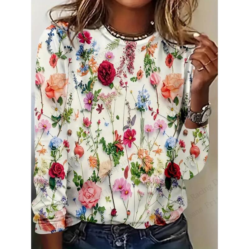 Bright Vibrant Flower 3d Graphic Print T-Shirt Women Fashion Casual Oversized Long Sleeve T-shirt Women Clothes Blossom Tops Tee