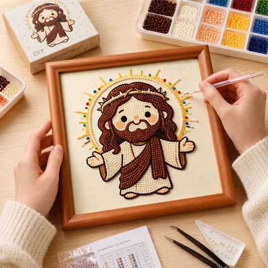 Jesus Faux Pearl Painting Kit, DIY Handmade Jesus Rhinestone Painting Crafts, Beginner Friendly Religious Art Painting for Home Decoration
