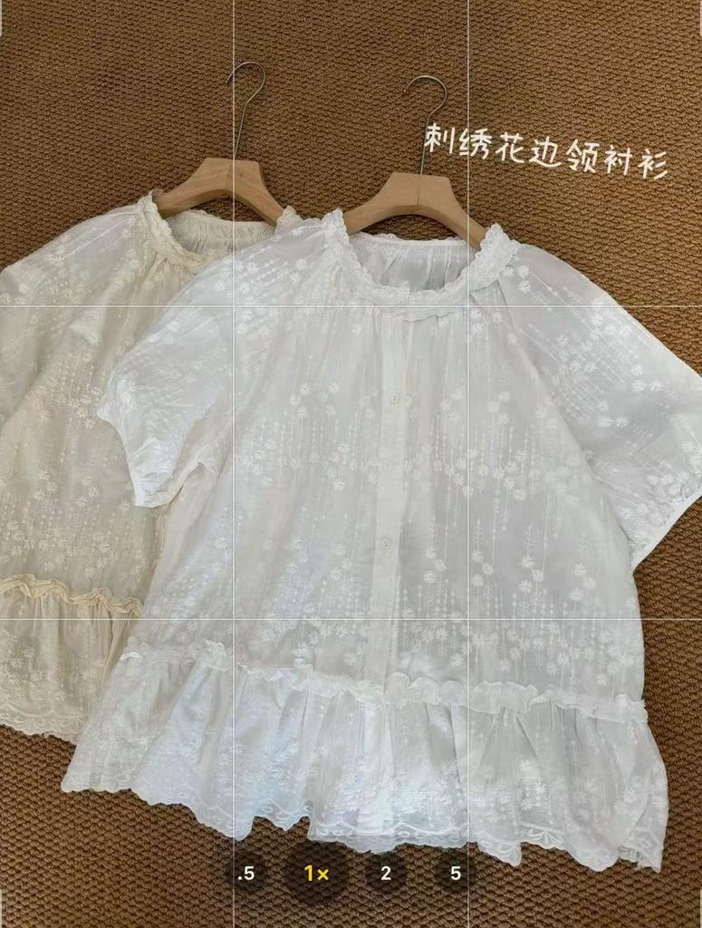1116 Summer New Women's Round Neck Japanese Cotton Shirt Loose Shirt Embroidery Literary Style Mori Women's Clothing Age Reduction
