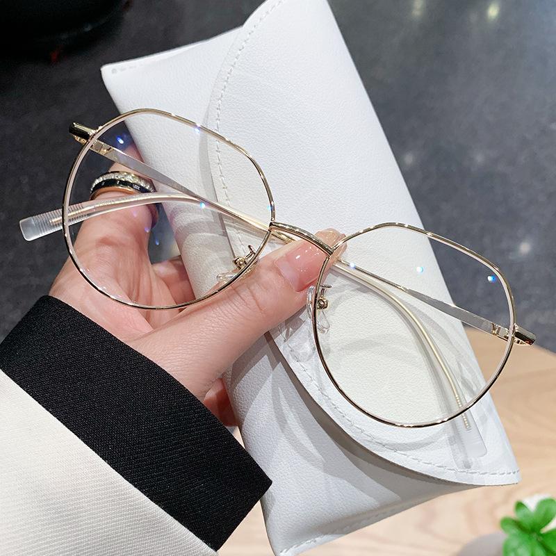 Large Face Thin Myopia Glasses Women Can Be Equipped With Degree Anti-Blue Light Round Face Plain Gold Silk Glasses Frame Frame