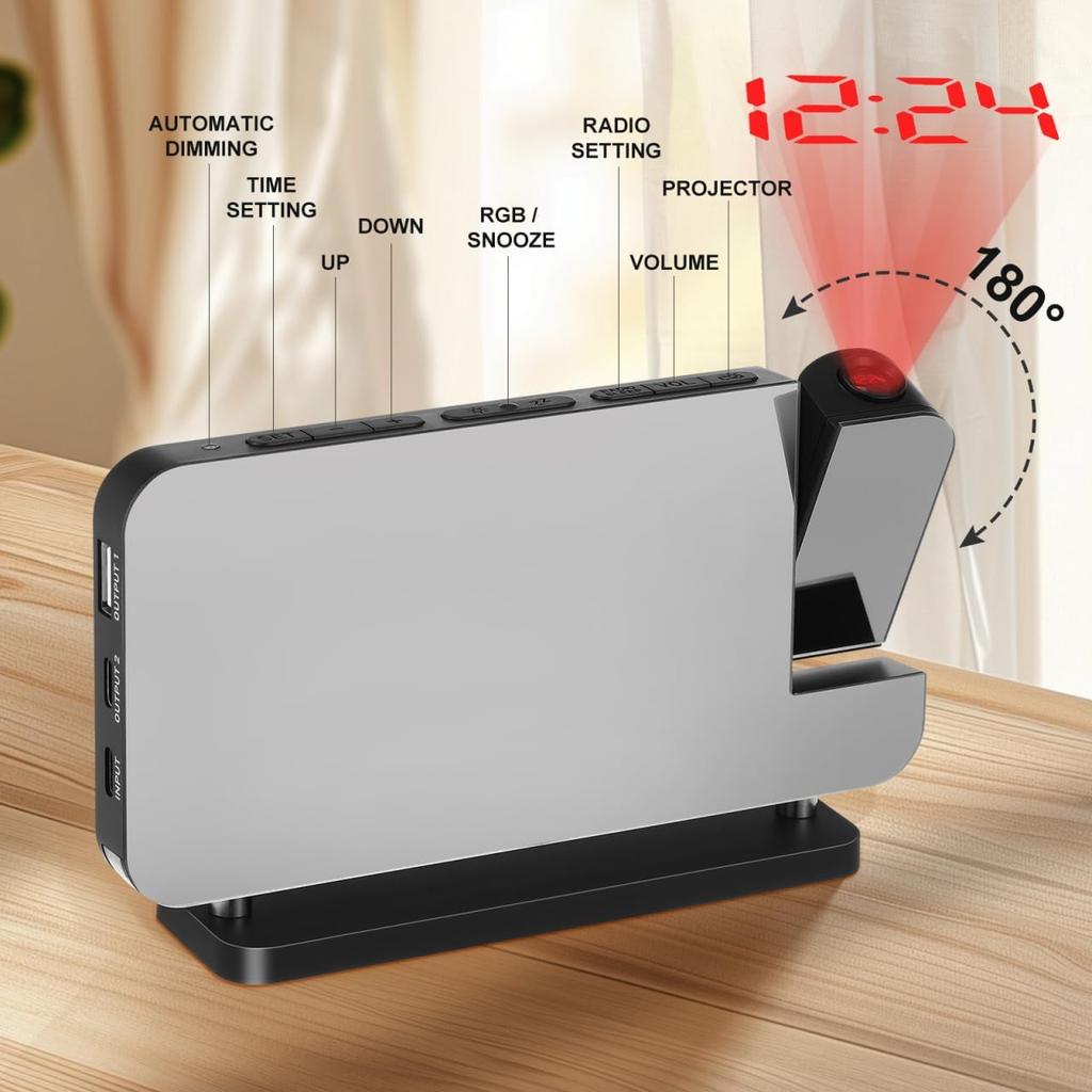 Bedroom Ceiling Projection Alarm Clock, 180° Rotatable Time Projector with Colorful RGB Night Light, Digital LED Display Clock