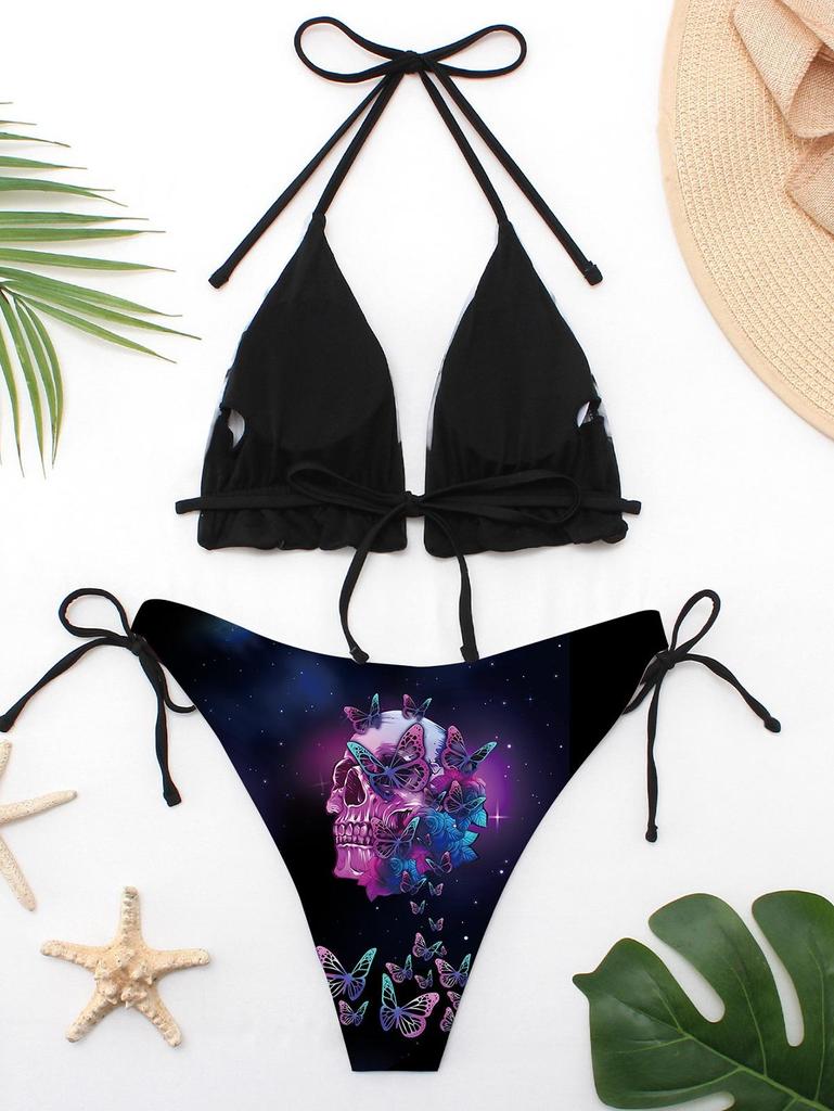 Rosegal Gotický Lebka Motýl Ombre Galaxy Potisk Zavazovací Halter Bikiny Set