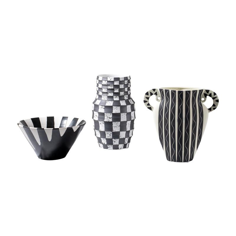 Ceramic Vase Black Check Geometric Striped Flower Pot Flower Vase Ceramic Handicraft Floral Arrangement Accessories