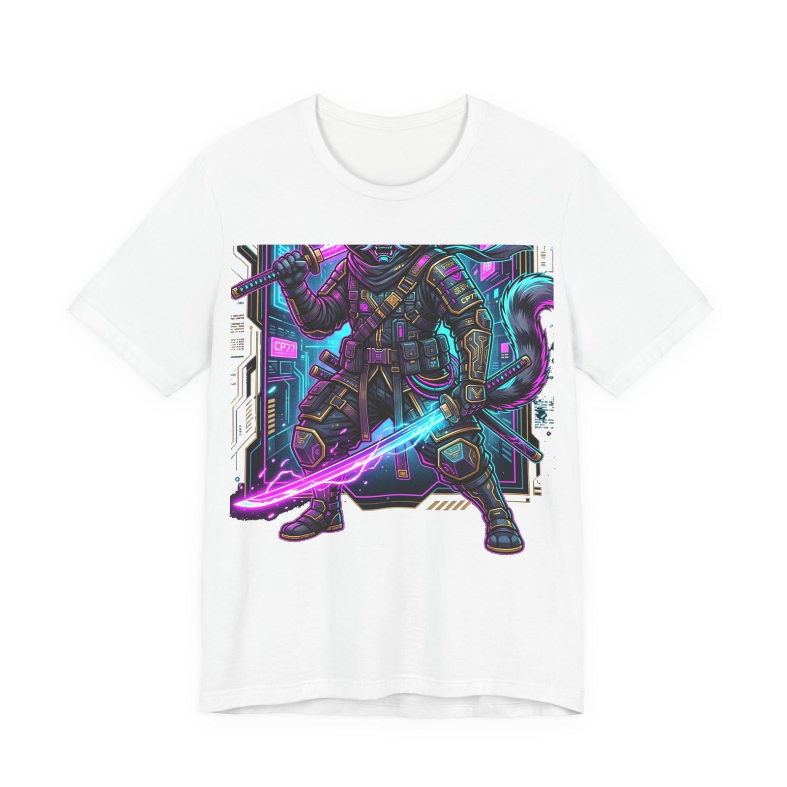 Cyberpunk Samurai Cat T-Shirt - Neon dual Katana Techwear Cyber Ninja Gift S