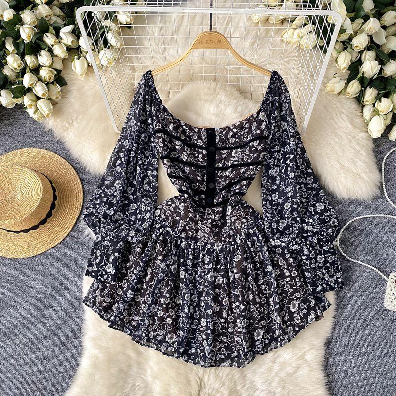 

Small Floral Dress Women s French Style Retro Sweet Cinched Slimming Elegant Chiffon off-Shoulder Short Skirt Summer Black L