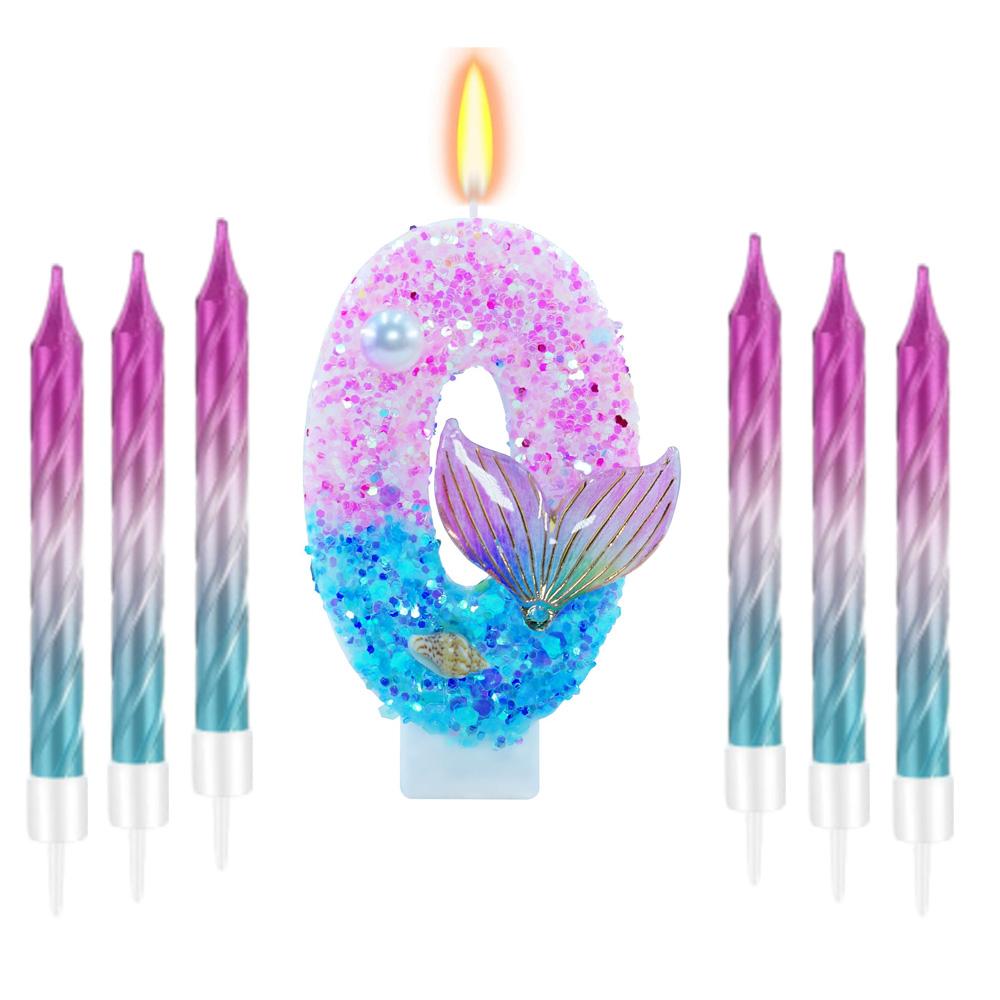 11pcs Mermaid Themed Birthday Candles,Number 0-9 Girls Glitter Birthday Party Supplies,Anniversary Party Decor, Cake Decorations