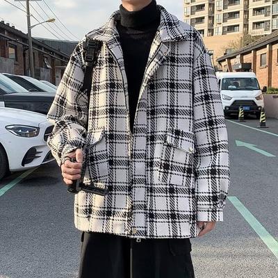 Korean Style Houndstooth Coat Men's Ins Hong Kong Style Retro Woolen Coat Lapel Work Jacket