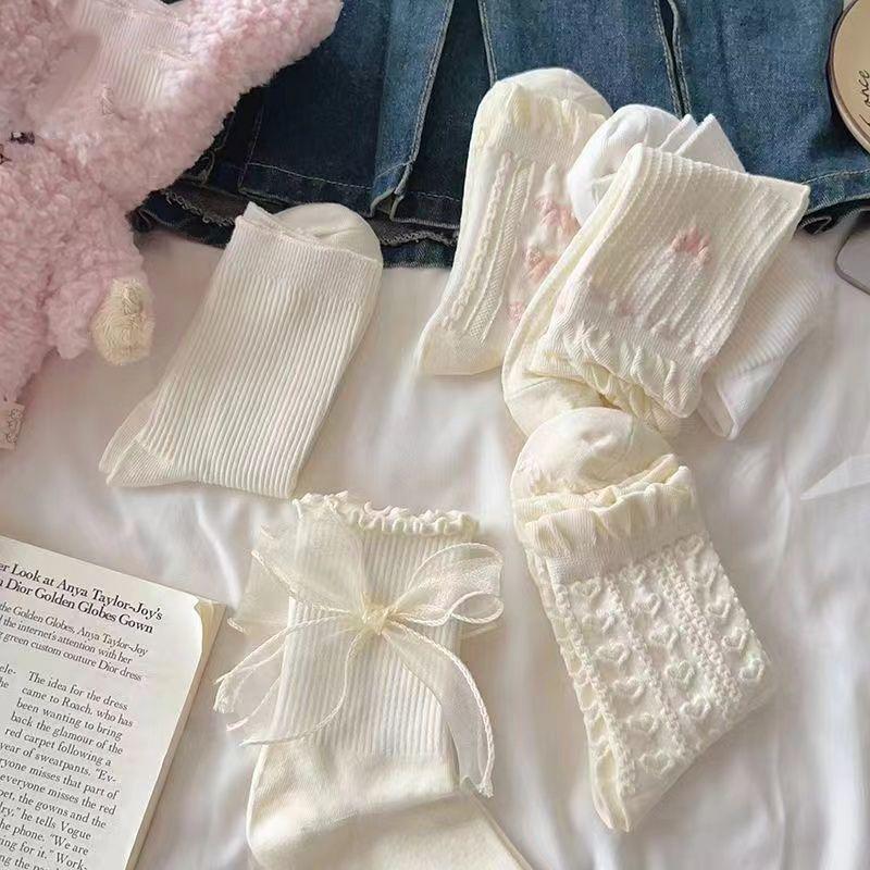6 Pairs Women Butterfly Knot Mid Tube Socks Cute Lolita Jk Lace Heart Soft Comfortable Sweat Absorbing Breathable Casual Socks