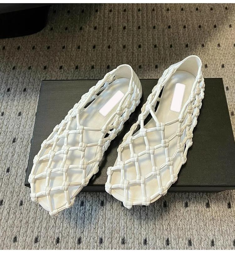 Wersja ze skóry owczej~ 2025 nowe ręcznie tkane buty Mary Jane z wycięciami, okrągłym noskiem, płaską podeszwą, damskie sandały baletki