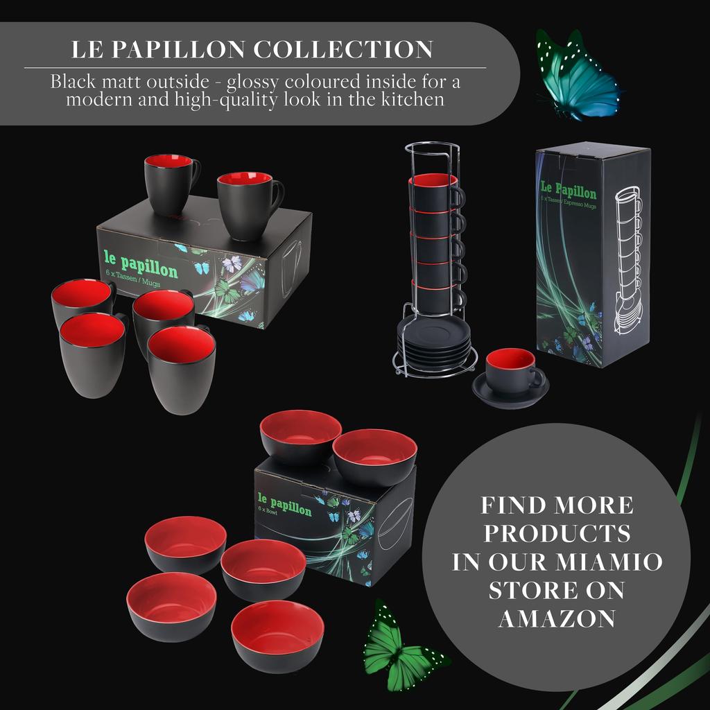 MIAMIO - 6 x 350 ml Stoneware Coffee Mugs/Cups Set, Black Exterior, Colorful Interior