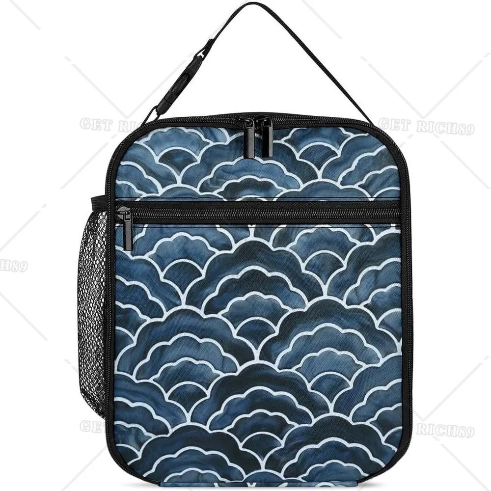 Navy Blue Wave Reusable Portable Lunch Bag for Women Men Insulated Lunch Box with Zipper Cooler Tote Bag for Work Picnic Camping
