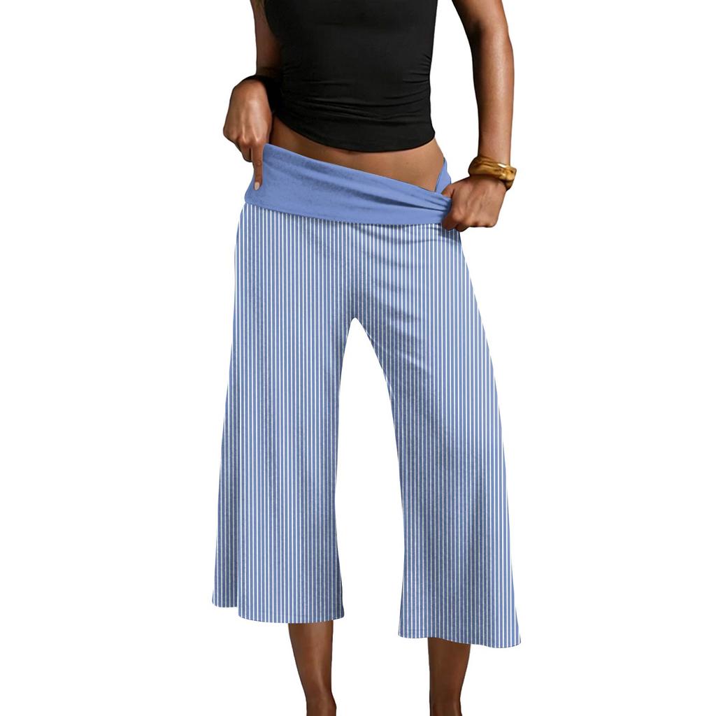 Women’s Striped Yoga Pants Loose Fit Wide Leg Cropped Trousers with Fold Over Waistband Comfortable Design for Daily Wear