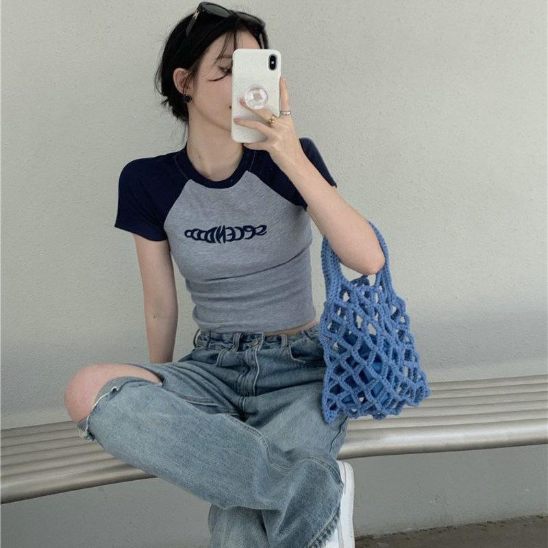 Women Spring Summer Splicing Color Short Sleeved T-shirt O-Neck Tight Blouses Pullover Slim Short Top S-XXL