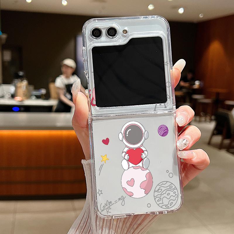 Cartoon Astronaut Pattern Phone Case For Samsung Galaxy Z Flip 6 5 4 3 5G Flip6 Flip5 Flip4 Metal Buckle Folding Silicone Cover