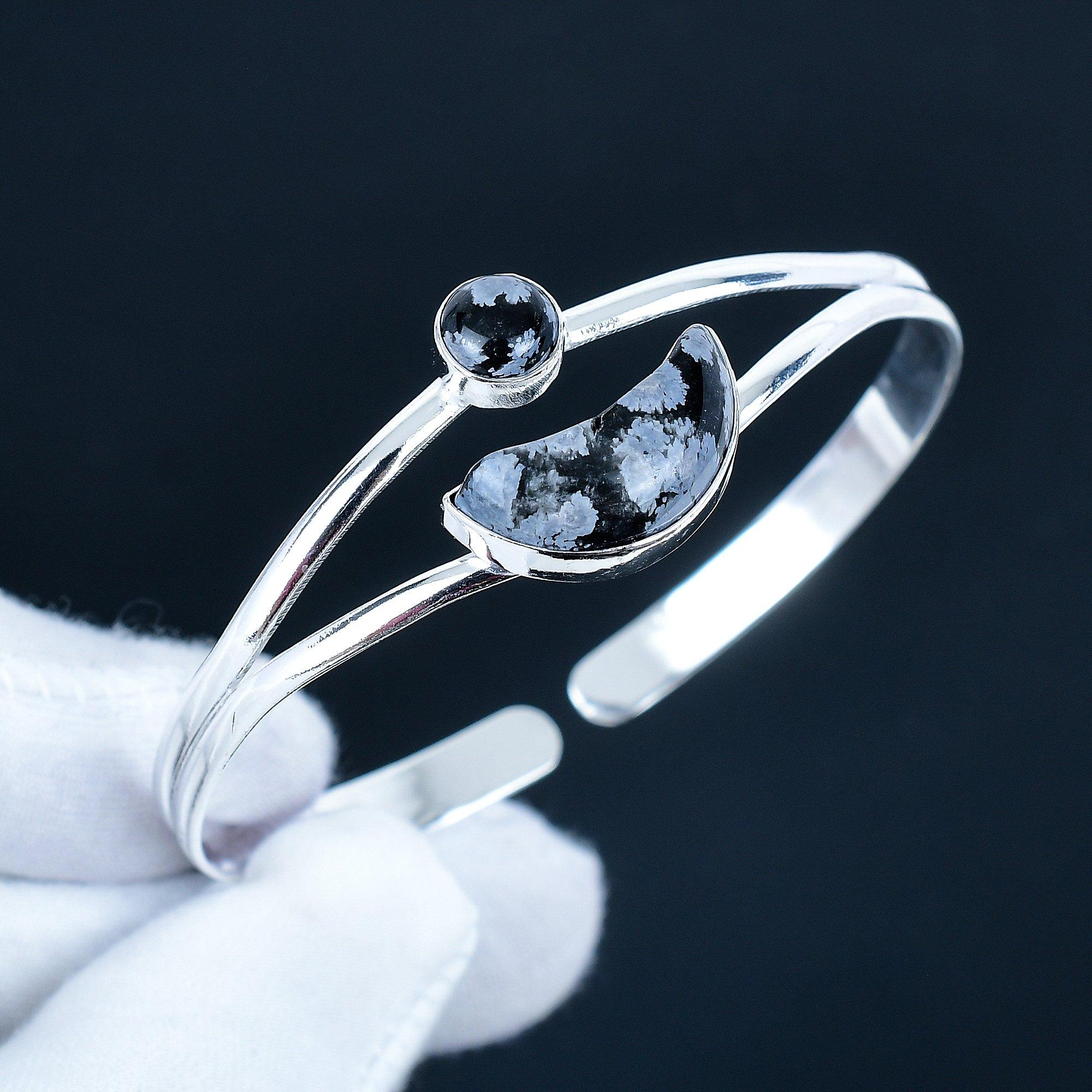 

Обсидиан Снежинка Драгоценный камень Ручной работы Манжета-браслет 925 стерлинговое серебро Манжета-браслет, Браслет с обсидианом Снежинка для жены, Унисекс браслет, Подарок 7 чёрный