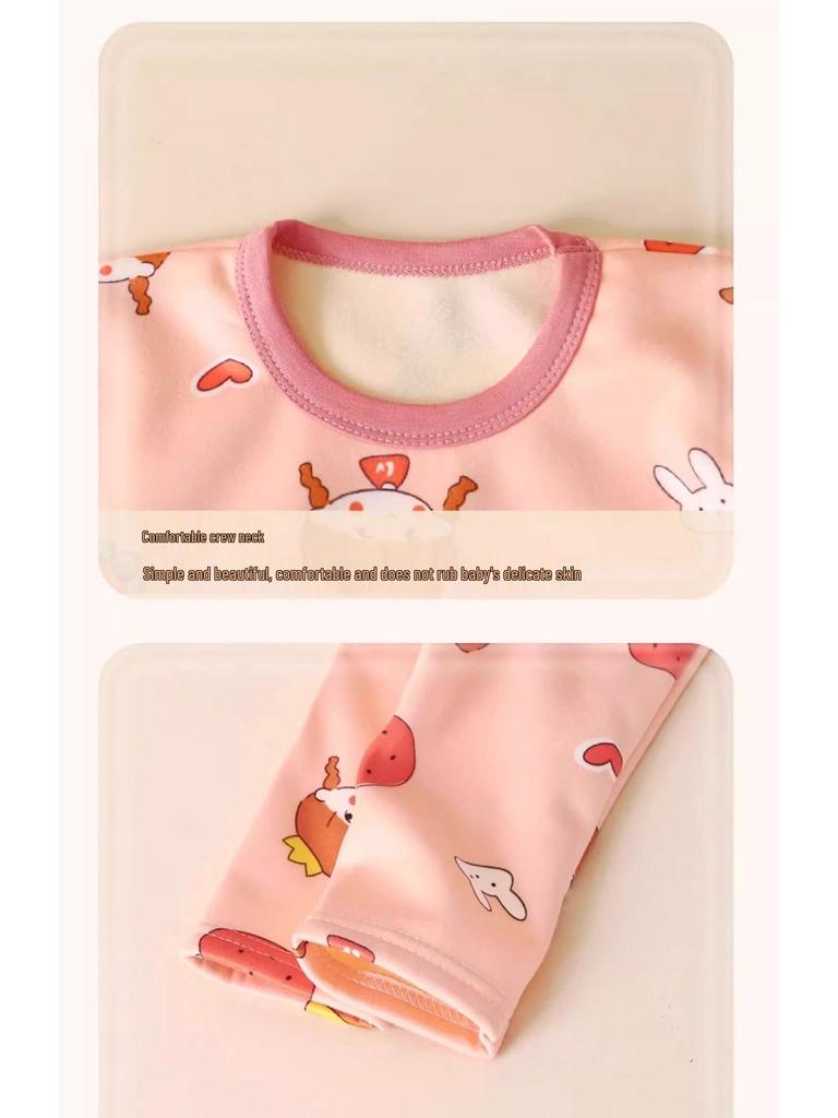 Children's Fleece-Lined Warm Pajama Set for Boys and Girls - Thick Winter Home Wear Pants and Top