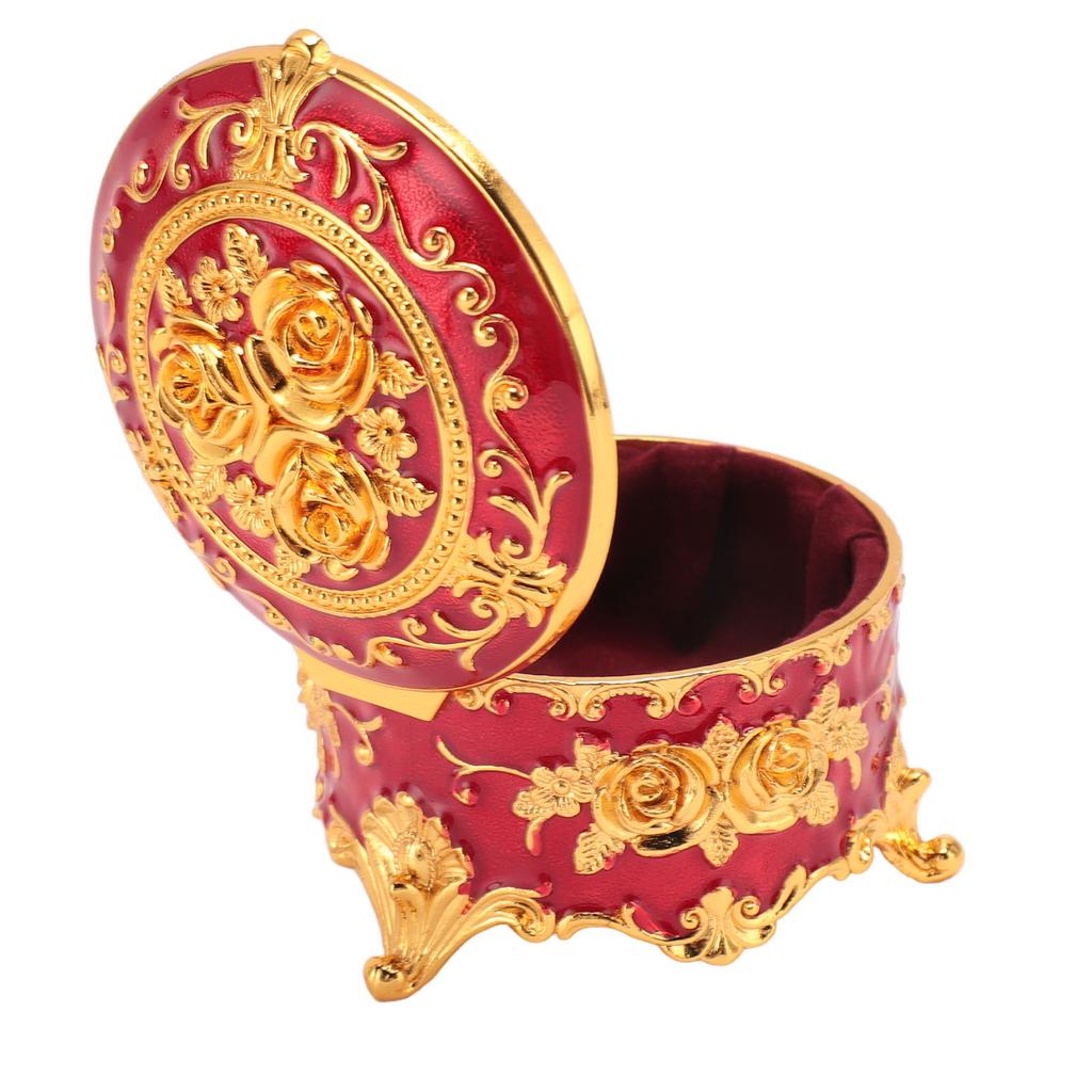 Vintage Metal Jewelry Box Round Exquisite Hand Carved Gold Flower Pattern Trinket Organizer for