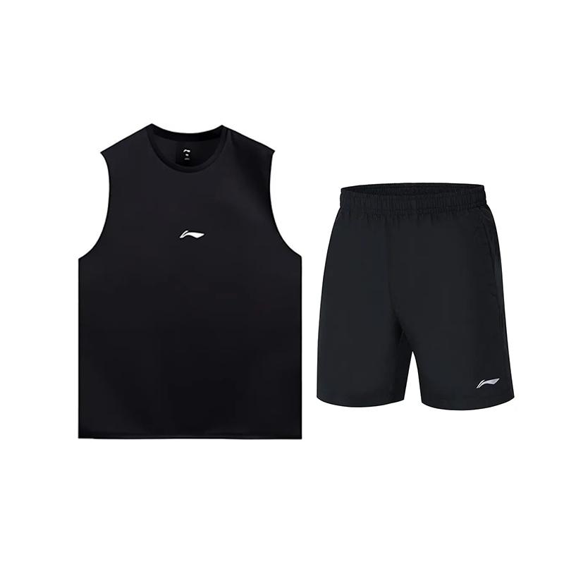 

Li-Ning Comfortable Round Neck Pullover Simple Top Breathable Versatile Fashion Shorts Casual Sports Suit Unisex Sportswear Black YVSV027-2+YKST119-1